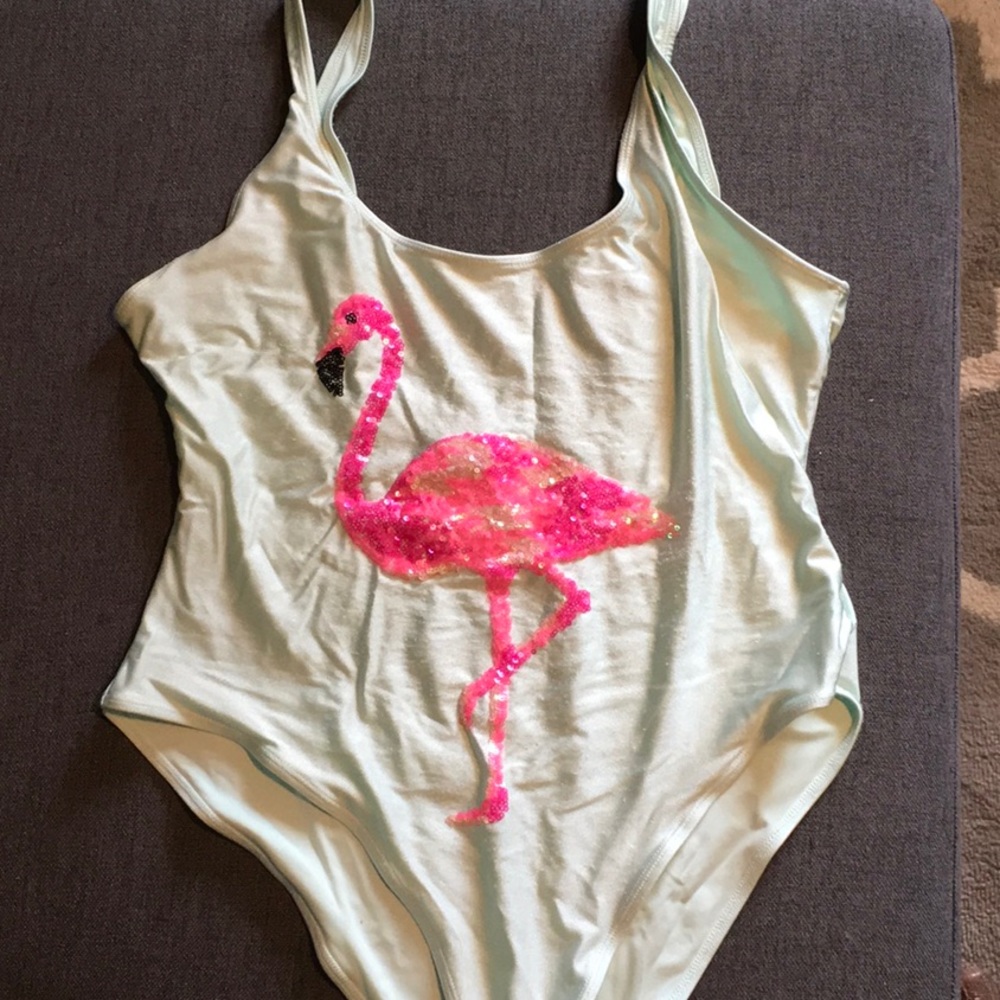 Seafoam green and pink flamingo swimsuit